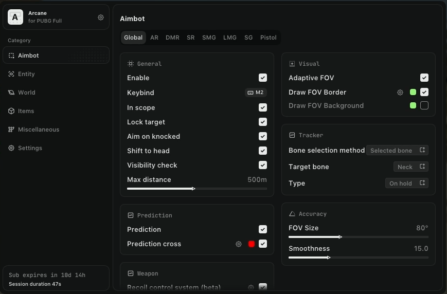 Interface of the PUBG: Battlegrounds cheat by Arcane Full