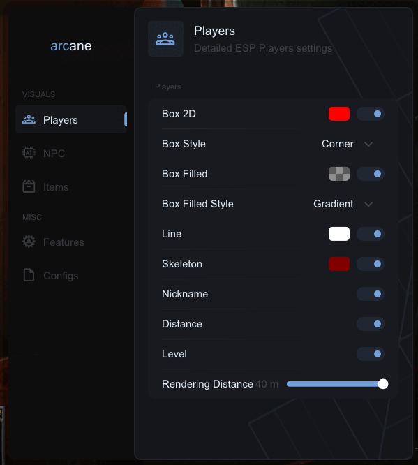 Interface of the Dark and Darker cheat by Arcane