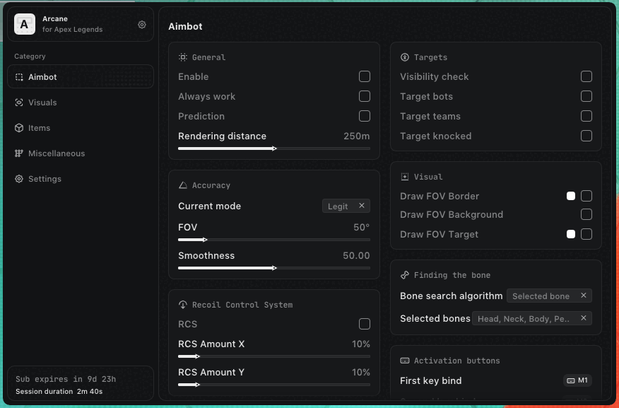 Interface of the Apex Legends cheat by Arcane