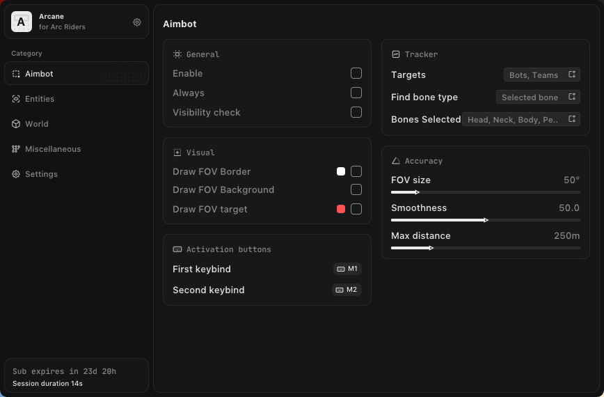 Interface of the ARC Raiders cheat by Arcane