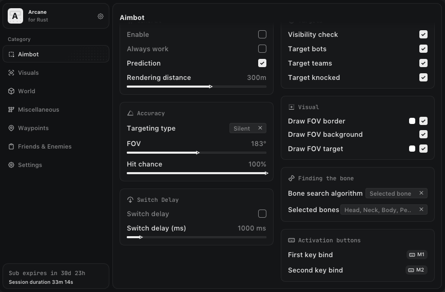 Interface of the Rust cheat by Arcane